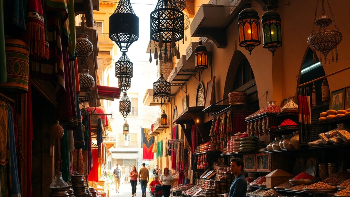 Colorful Moroccan marketplace with spices and lanterns.