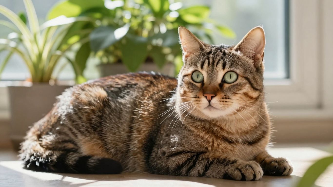 Healthy cat in a natural, sunlit environment.