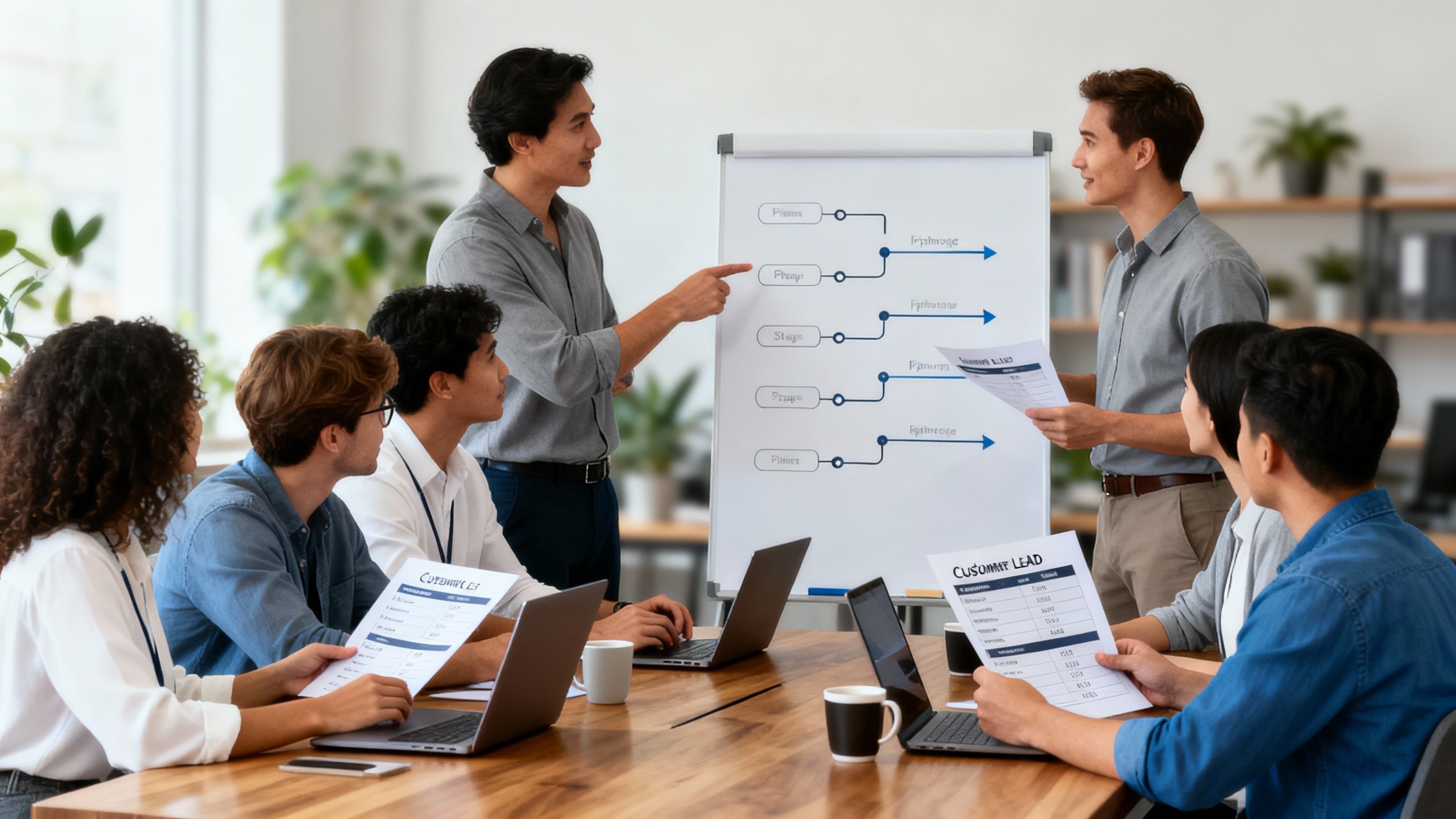 A team in a modern office setting discussing customer leads and pipeline stages collaboratively