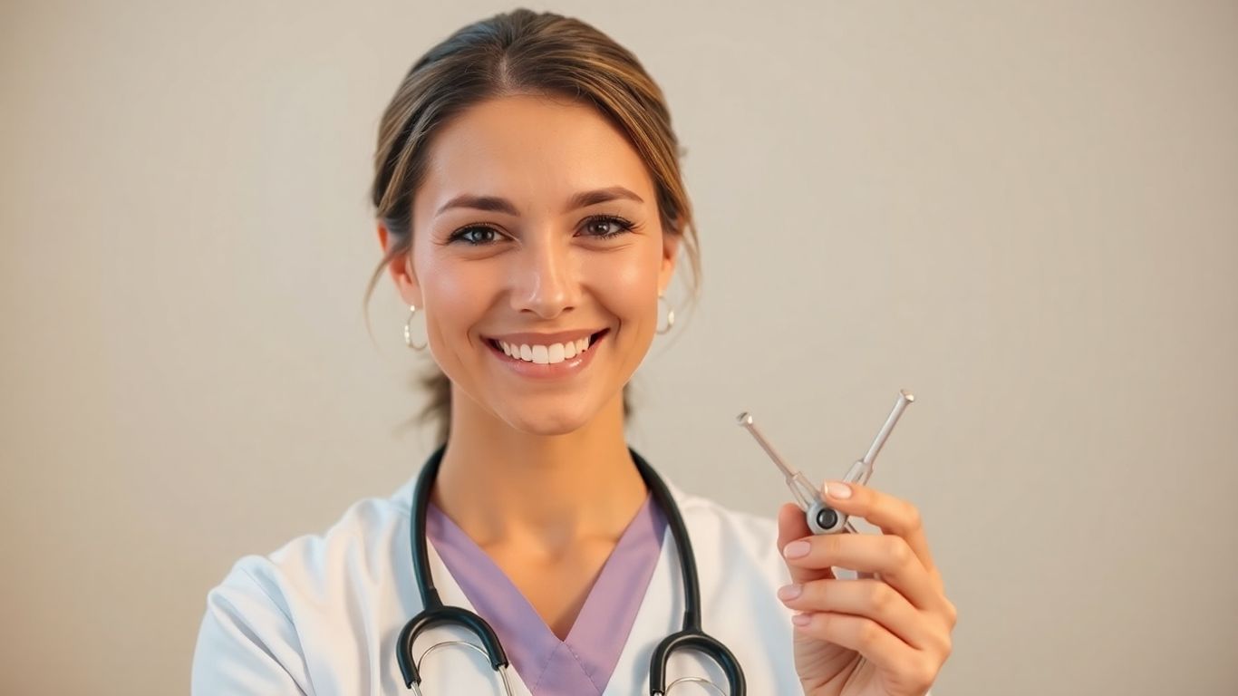 Ginecologista sorrindo com instrumento médico