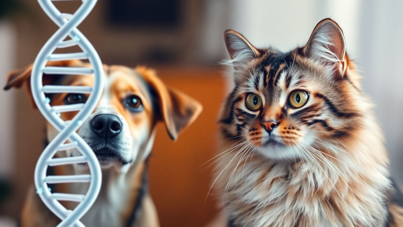 Dog and cat looking at DNA helix with paw prints.