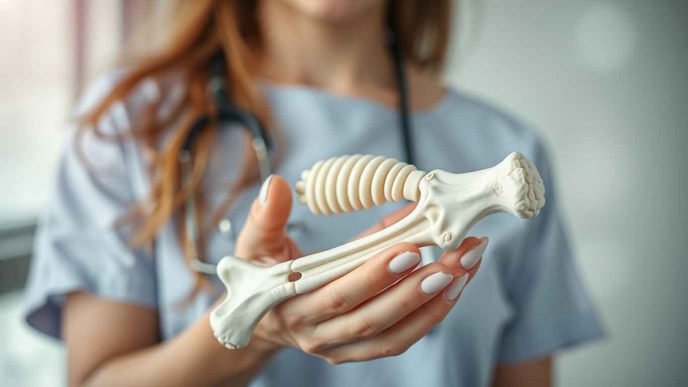 Person holding bone model with medical symbols.