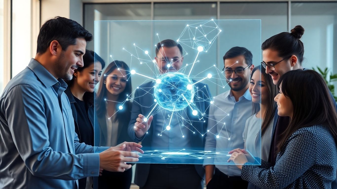 Professionals interacting with AI interface.