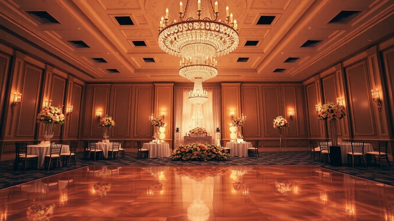 Elegant ballroom with chandeliers and floral decor for a Dallas wedding.