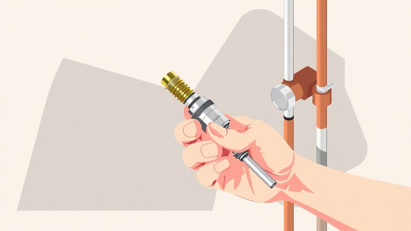 Hand holding a water heater thermocouple, isometric illustration.