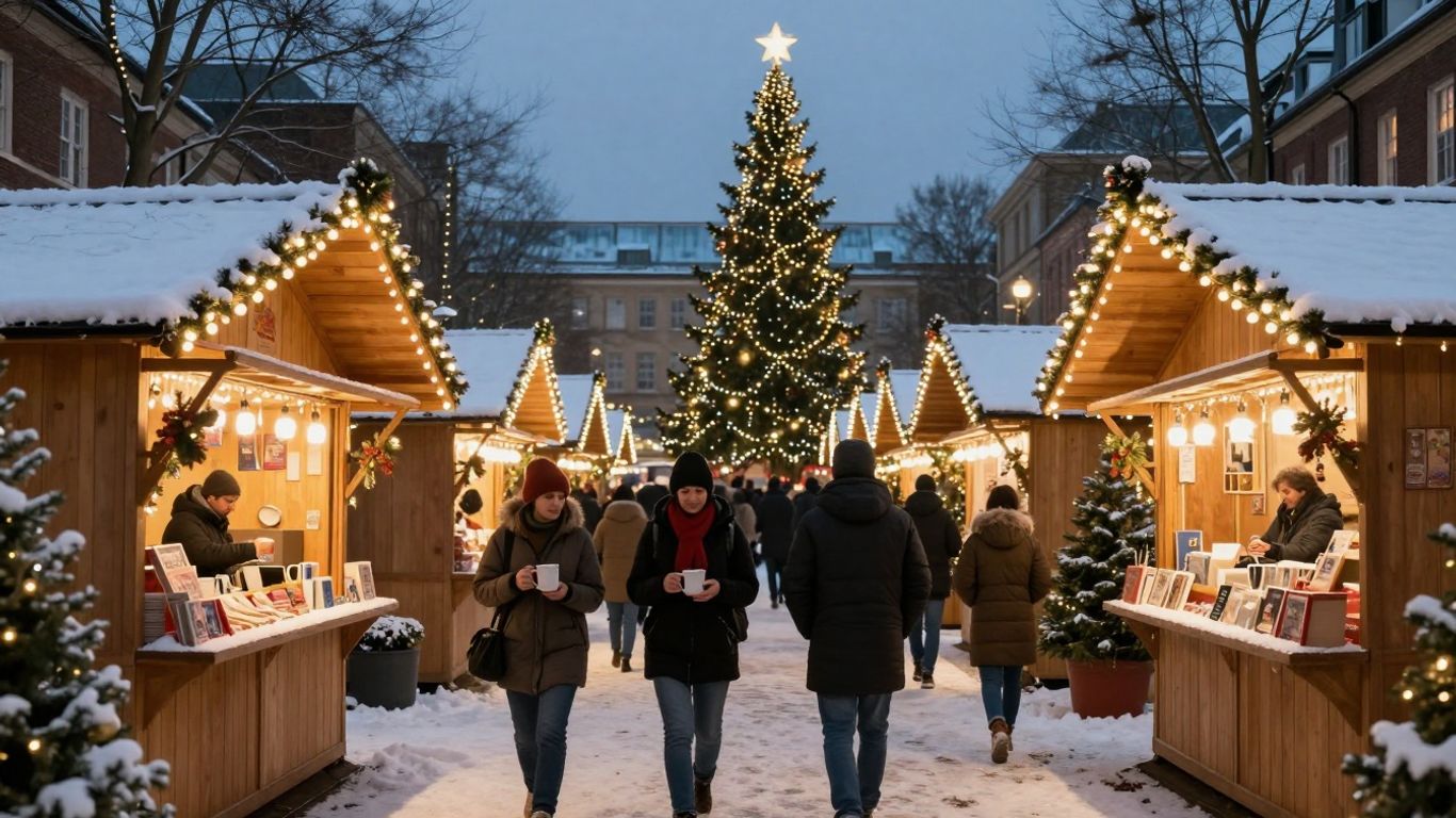 Romantischer Weihnachtsmarkt mit Lichtern und geschmücktem Baum