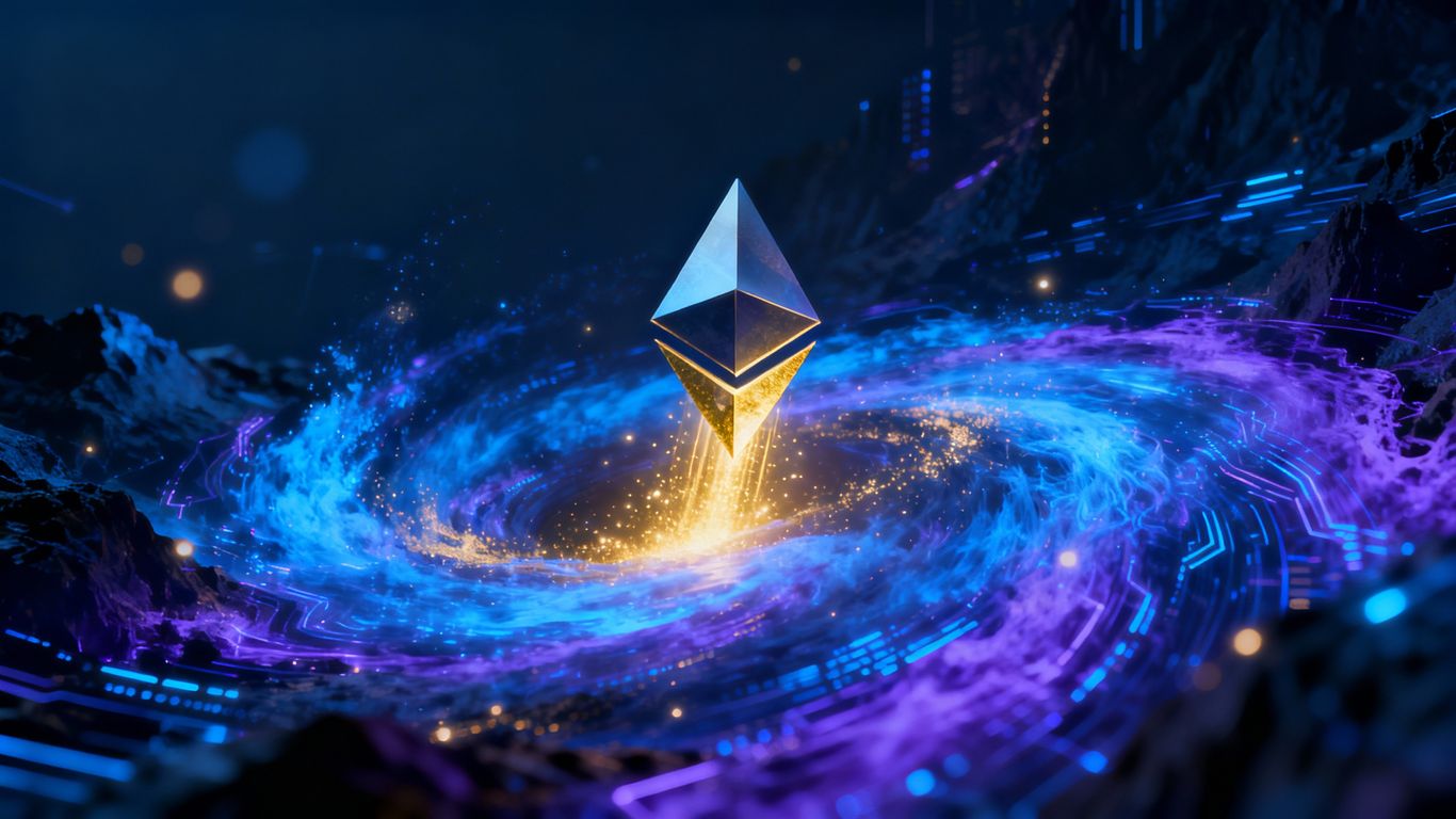 Ethereum logo with surging digital energy and golden light.
