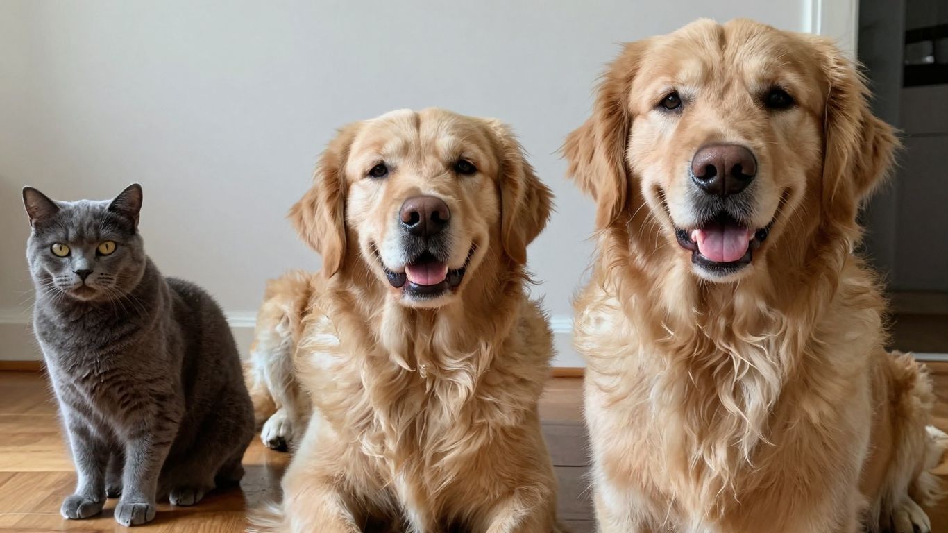 Golden retriever and cat on a wooden floor.