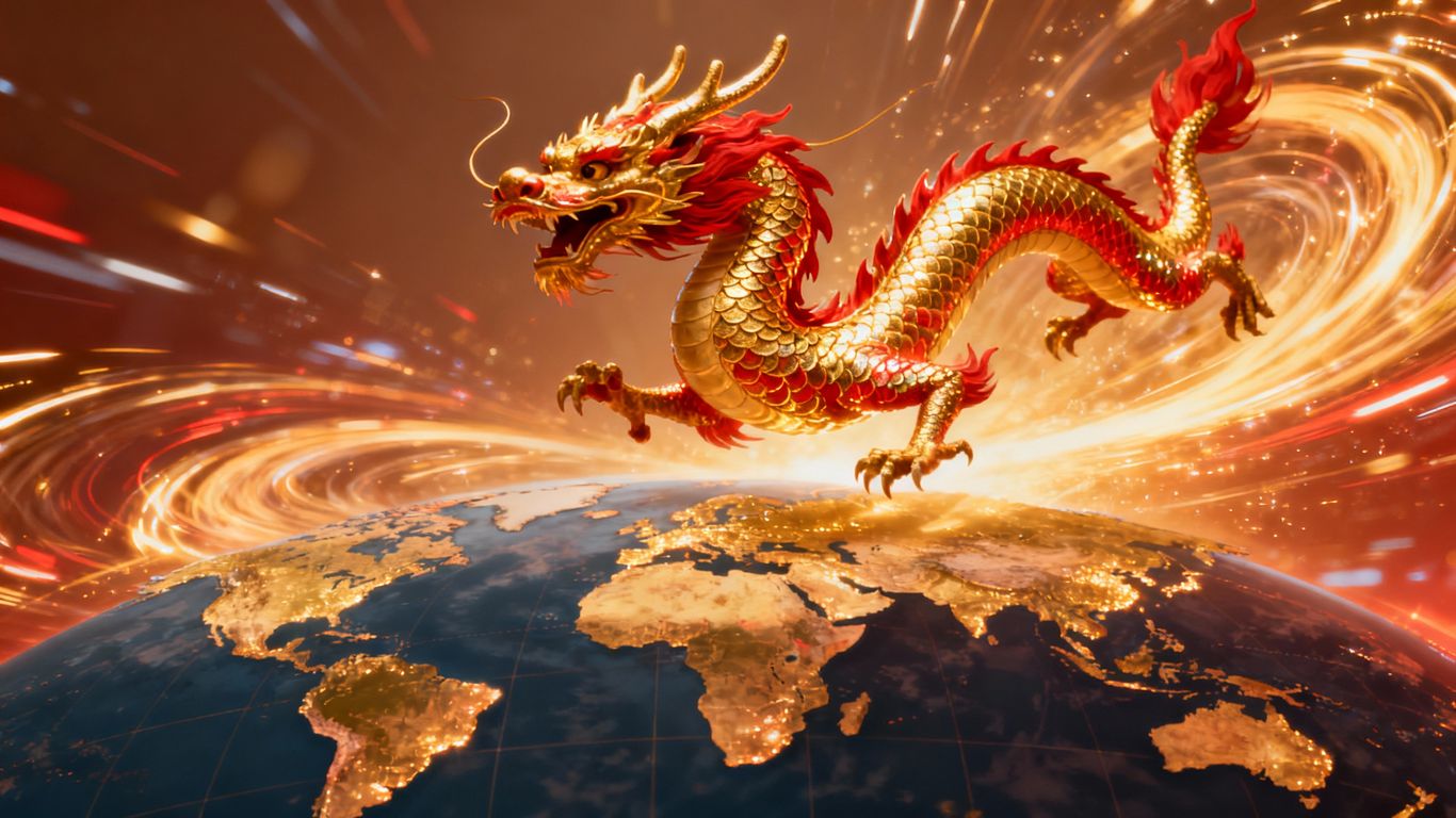 Chinese dragon over world map, economic comeback theme.