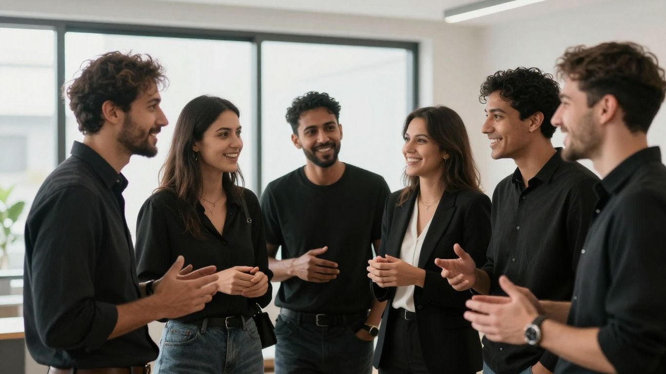 Oameni diversă comunicând eficient în diverse contexte sociale.