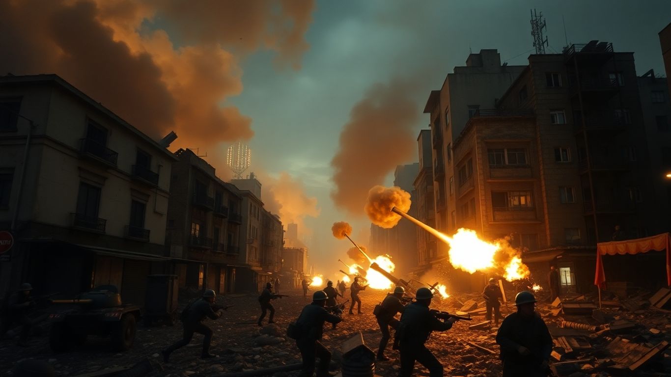 Soldiers fighting in destroyed urban landscape during Battle of Shanghai.