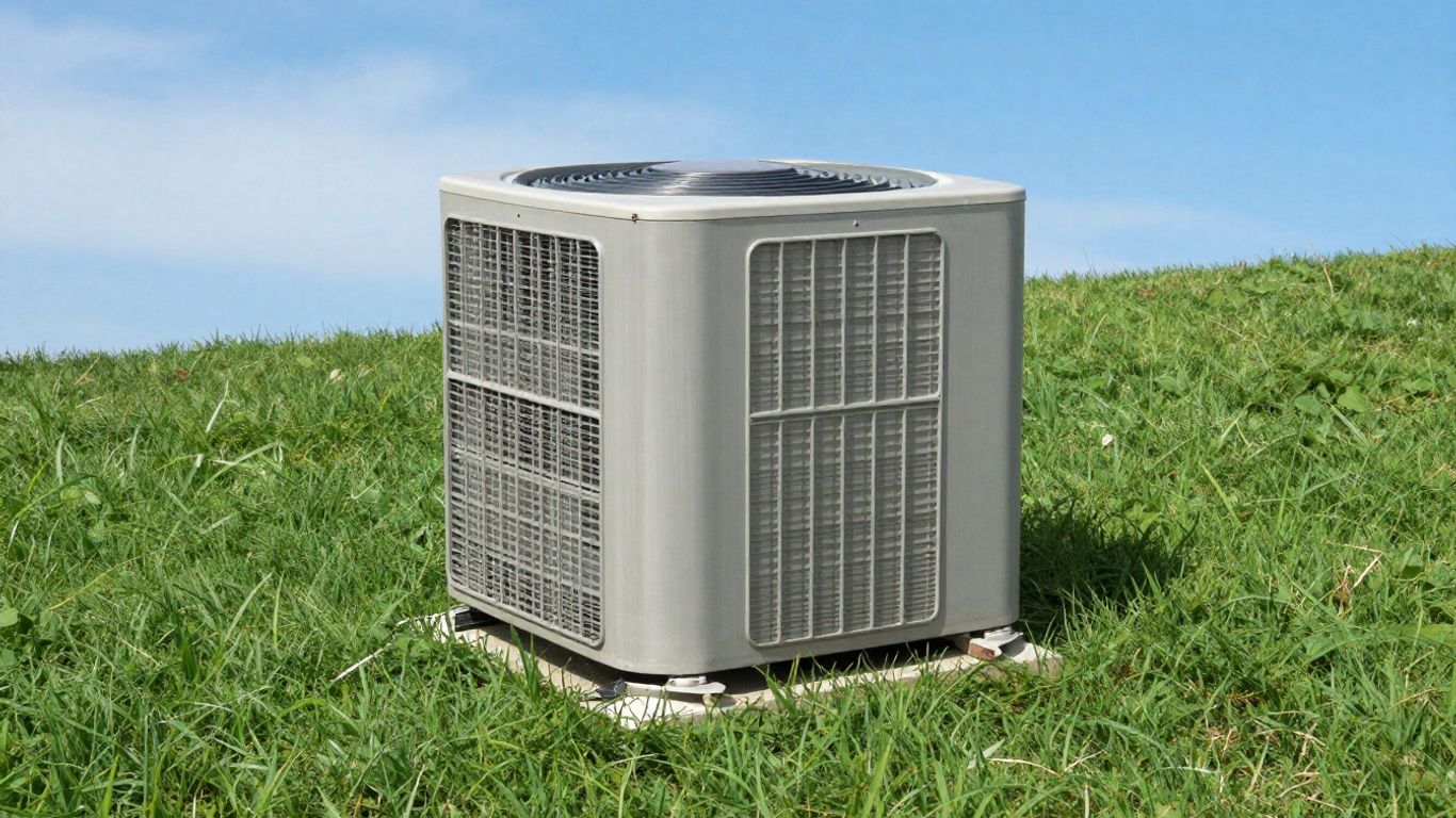 Outdoor HVAC unit on a sunny day with green grass.