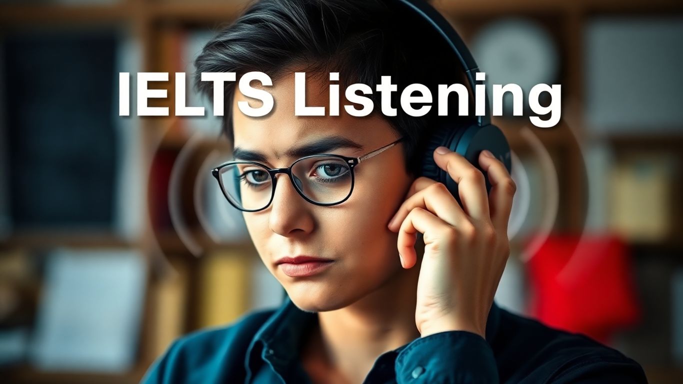 Student wearing headphones, focused on listening practice.
