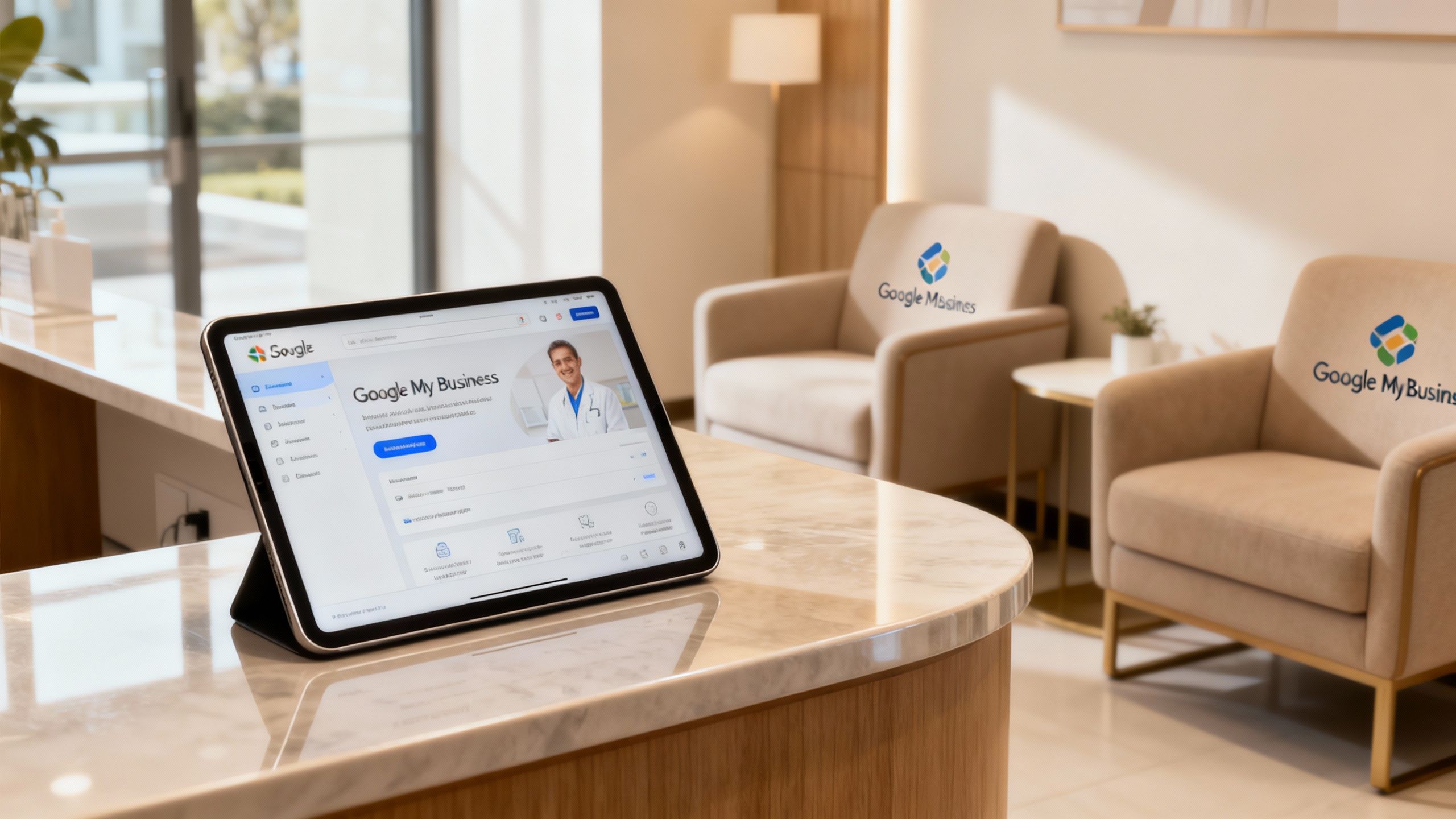 Aesthetics clinic reception with a tablet showing Google My Business.