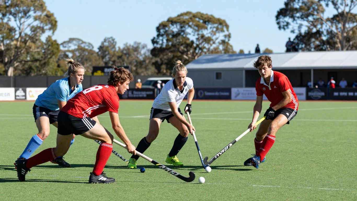 Ryde hockey players in action on a green field.