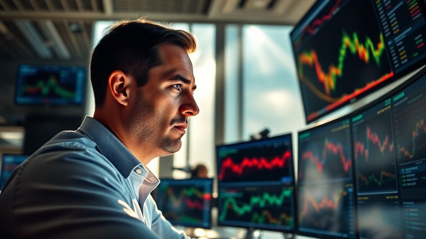 Trader focused on market data on screens.