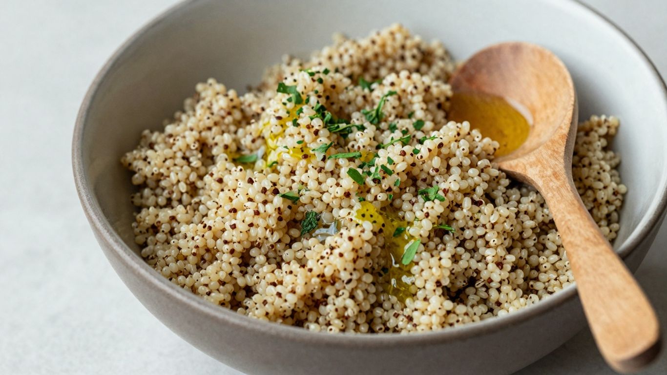 Cooked quinoa in a bowl with herbs and olive oil.