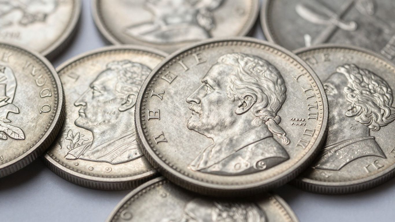 Close-up of shiny silver constitutional coins.