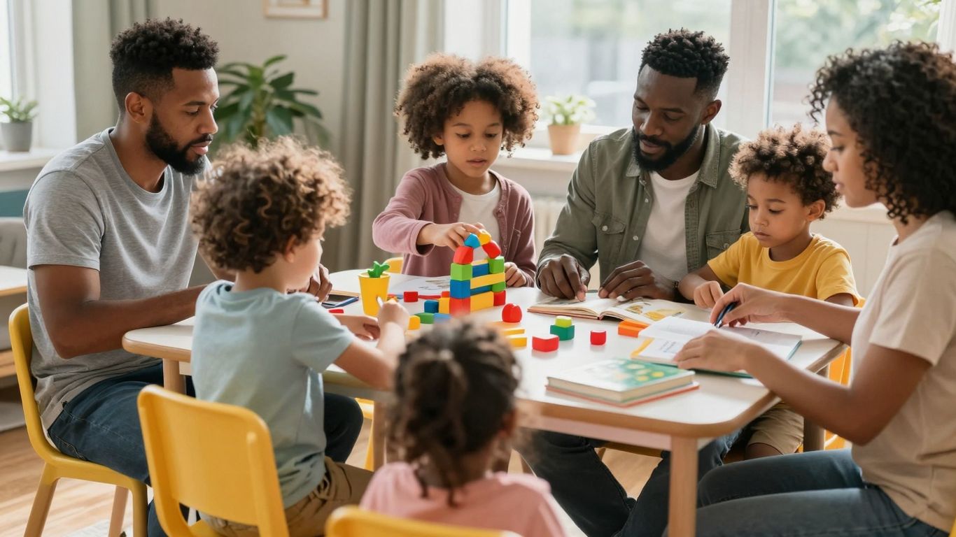Parents and children engaging with preschool learning resources.