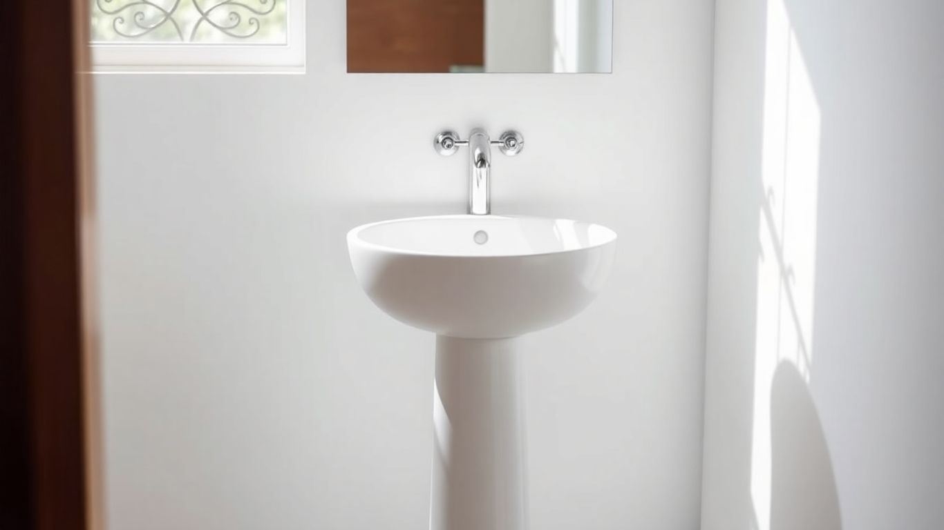 Small white ceramic wash basin with pedestal