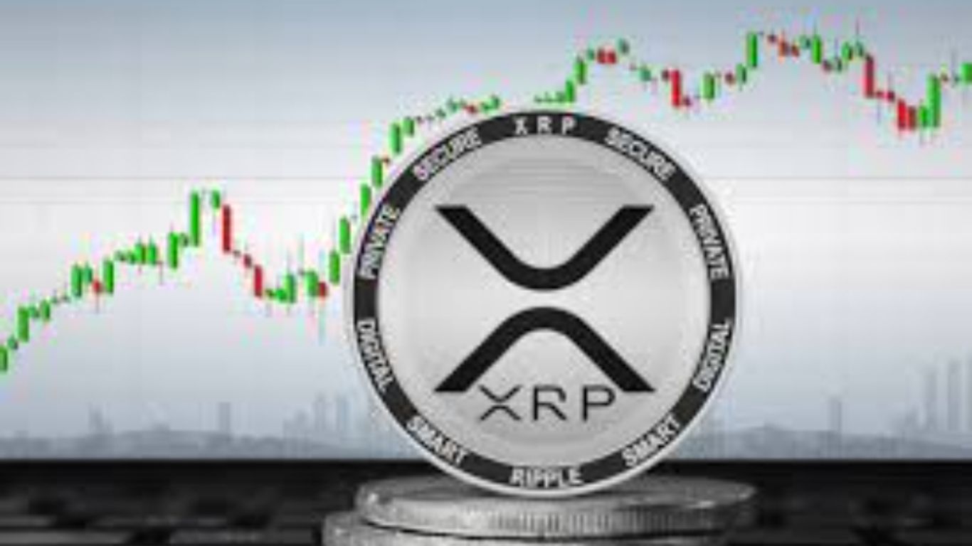 XRP cryptocurrency with price chart and coins in background.