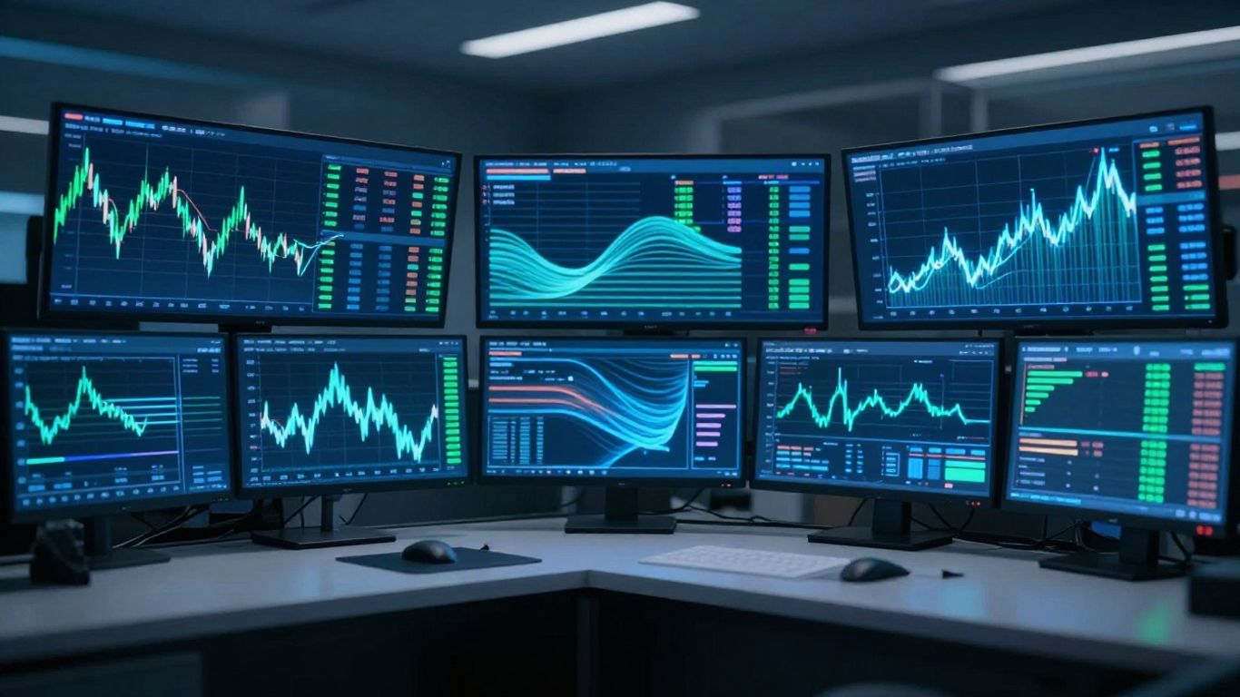 Trading terminal interface with glowing blue and green lights.