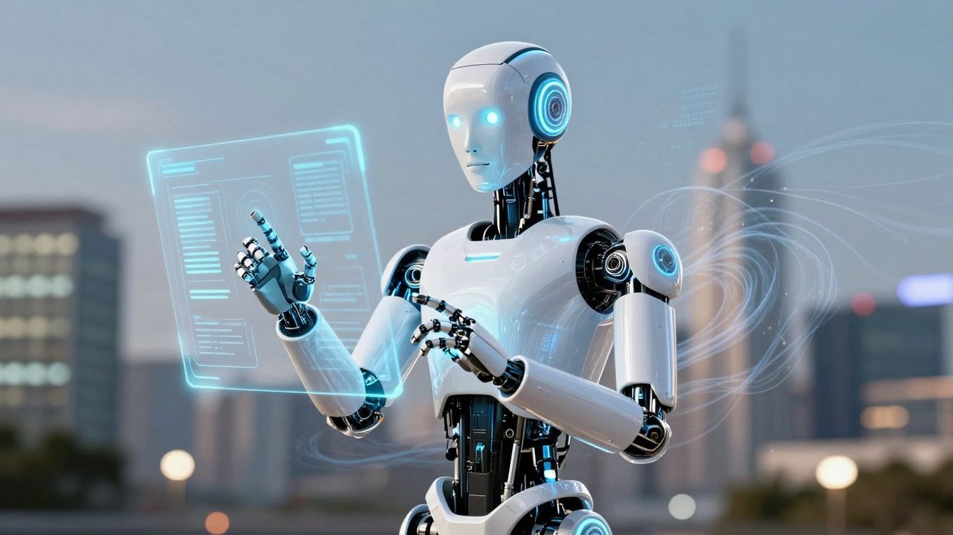 Futuristic AI assistant interacting with holographic displays.