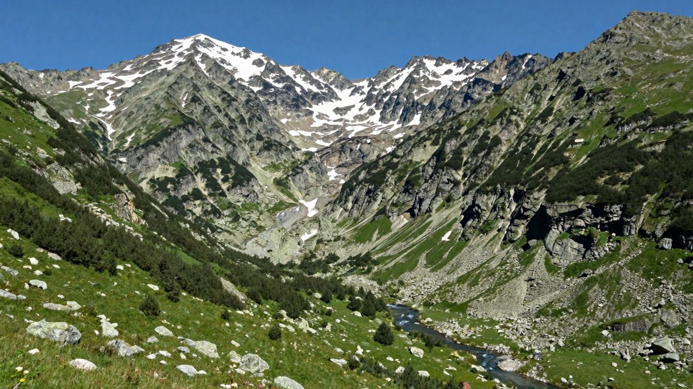 Majestatyczne góry Riła ze śniegiem i zielonymi dolinami.