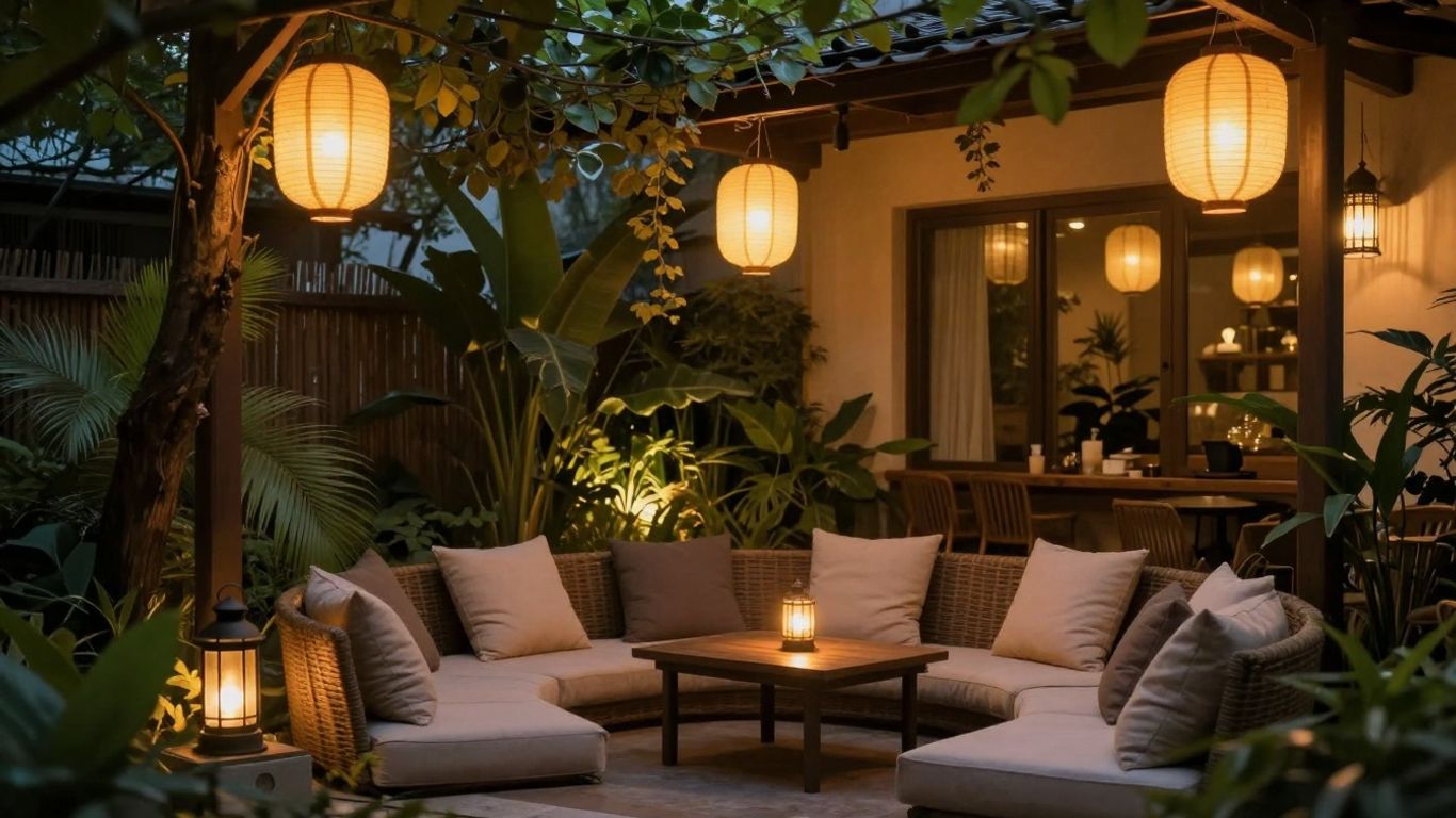 Gezellige tuin zithoek met sfeervolle lampionnen en planten.