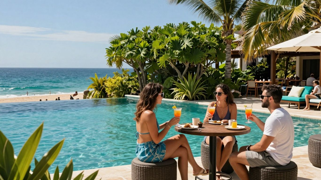 Couples enjoying cocktails at a vibrant Cabo resort pool.