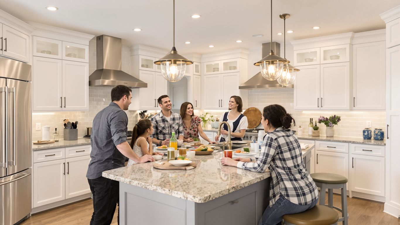 Family enjoying a remodeled kitchen during a gathering.