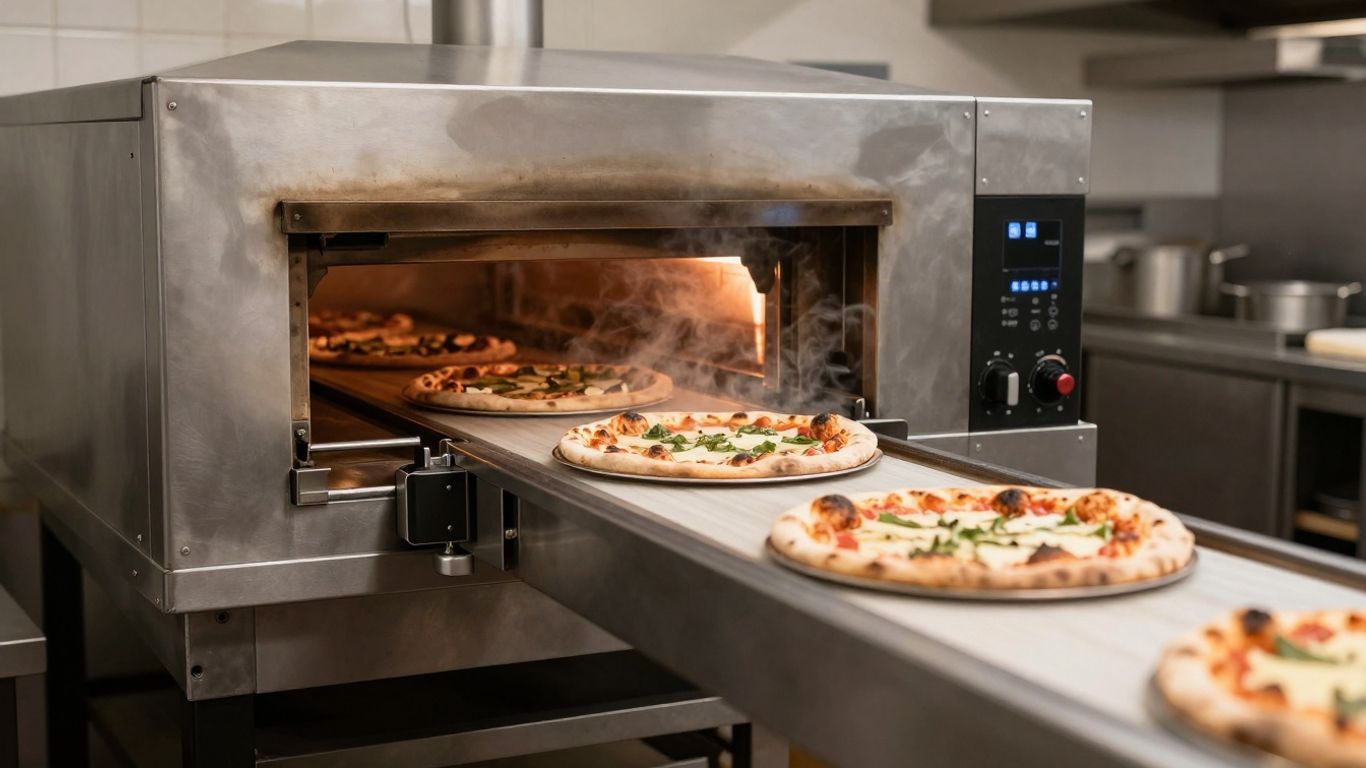 Conveyor pizza oven in a busy UK pizzeria kitchen.