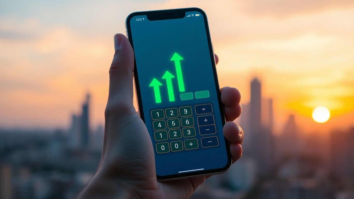Calculator on a phone with growth arrows.