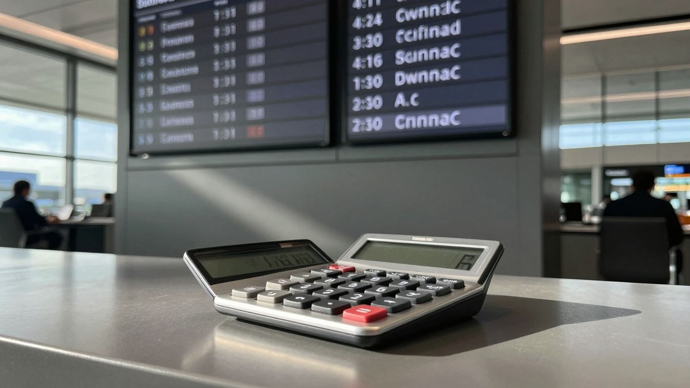 Airport departure board and calculator for travel planning.