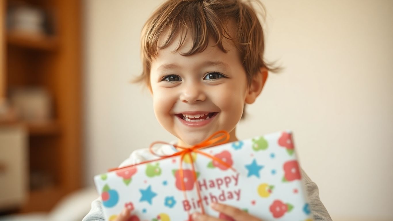 Happy toddler receiving a personalized birthday gift.
