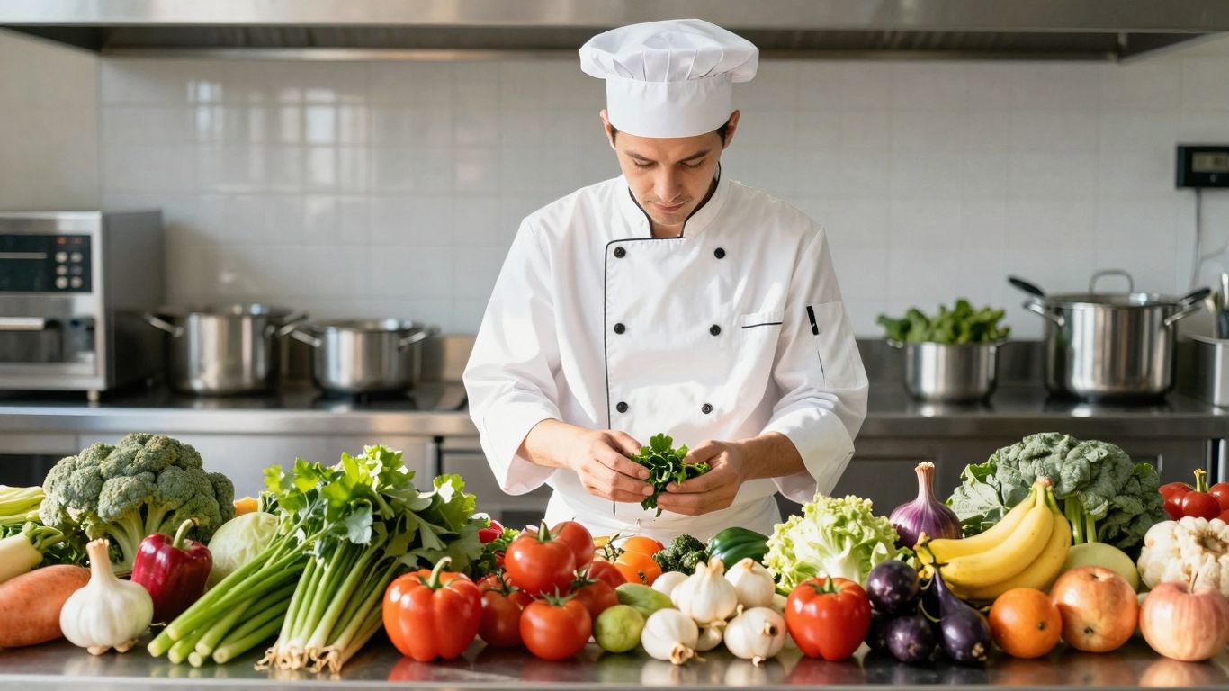 Chef inspecting fresh food in a bright, clean kitchen.
