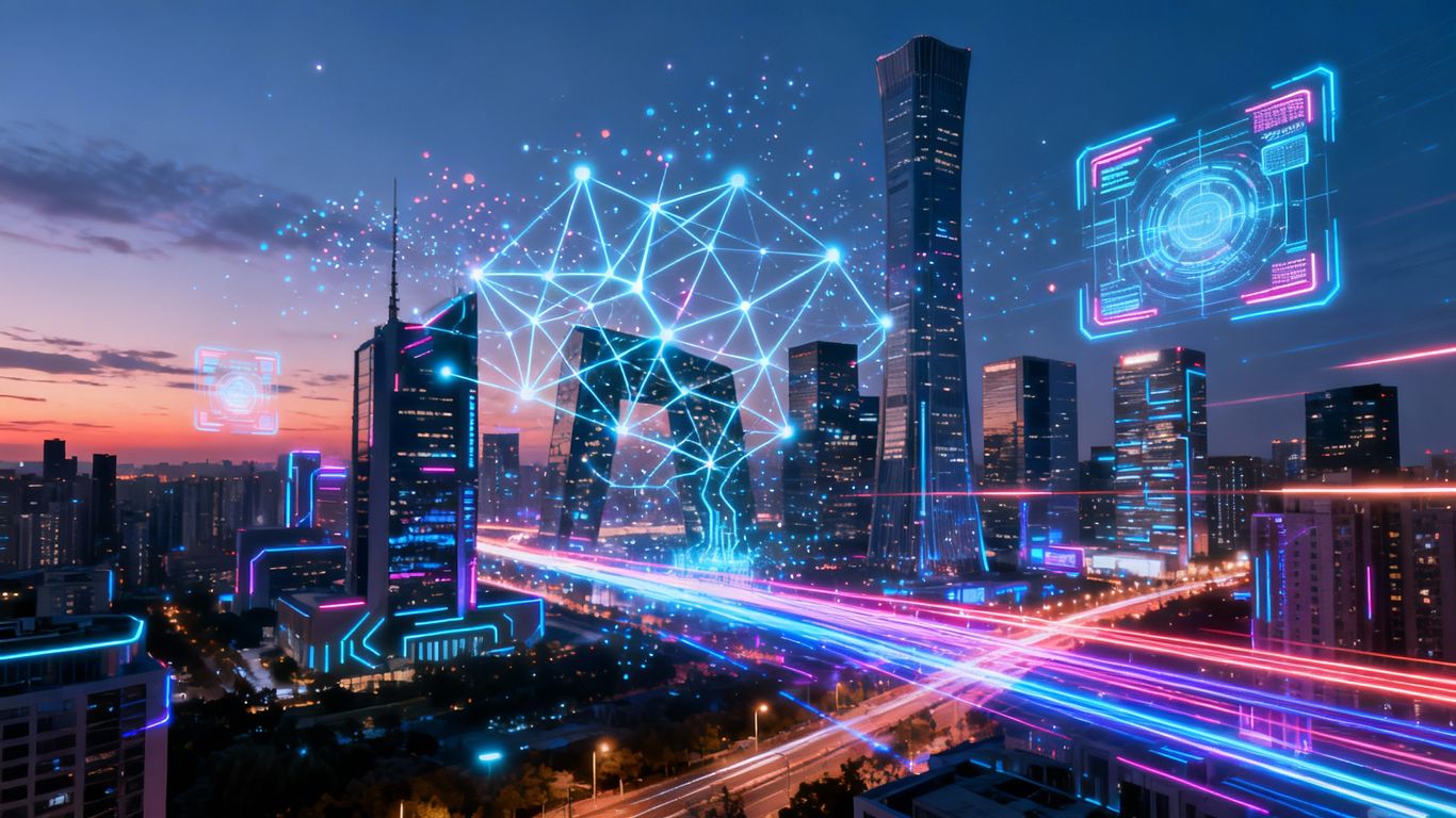 AI startup boom with glowing neural networks over cityscape.