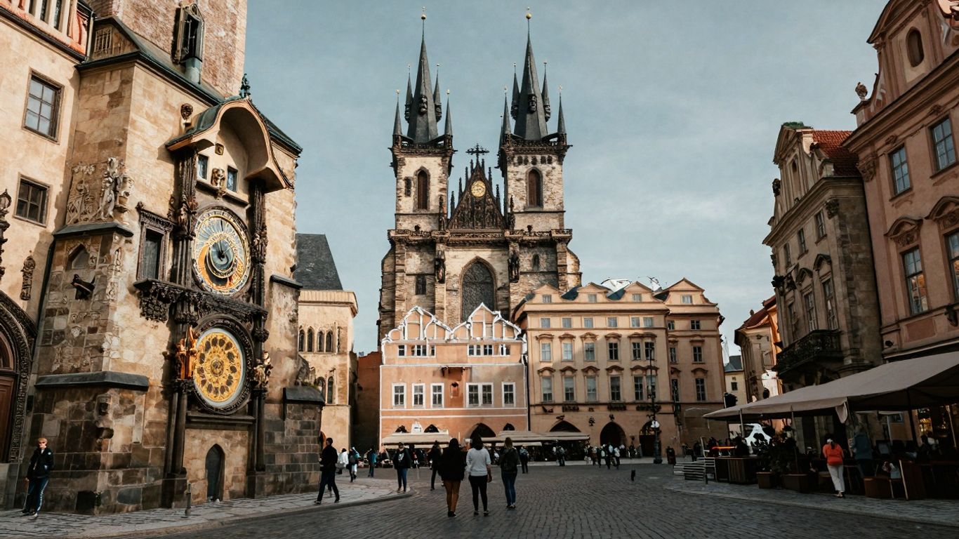 Widok na Rynek Staromiejski w Pradze z zegarem astronomicznym.