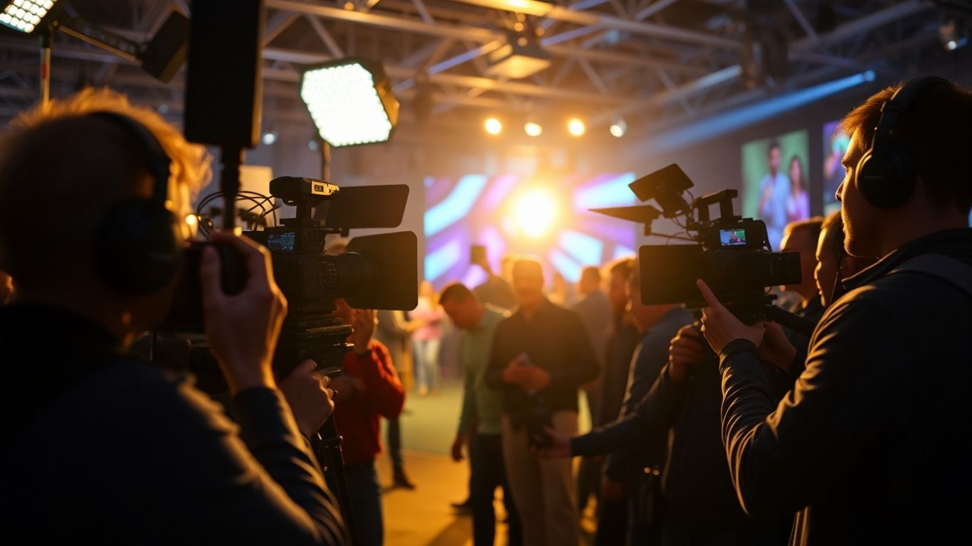 Équipe de production vidéo filmant un événement d'entreprise.