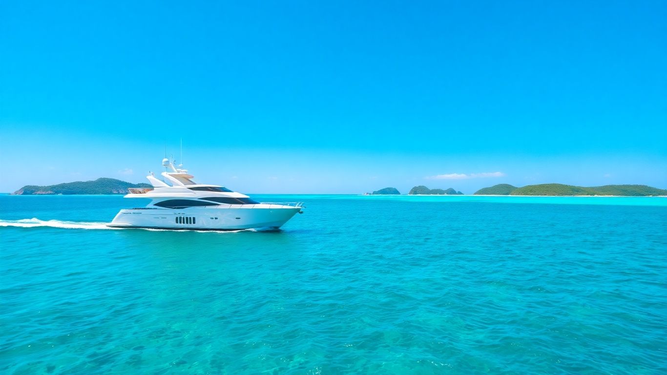 Luxury yacht sailing in Exuma's clear turquoise waters.