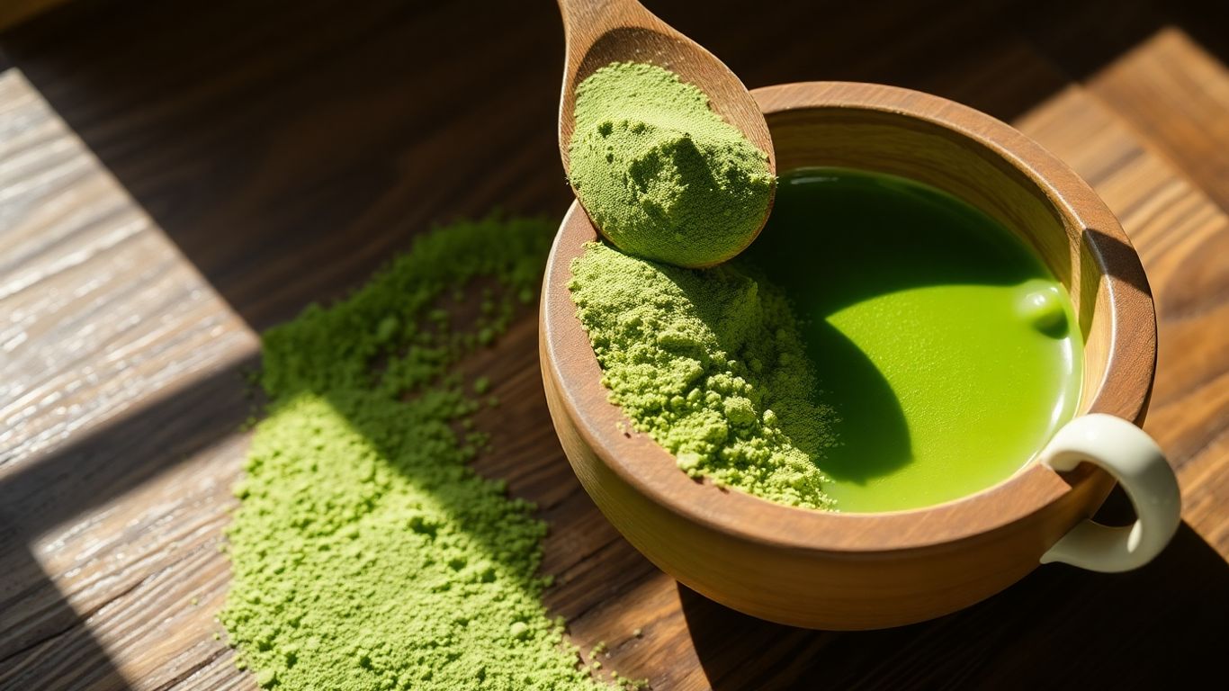 Green matcha powder and tea in bowls and cups.