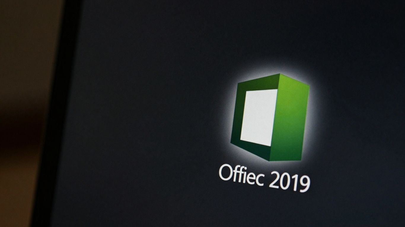 Logo de Office 2019 en pantalla de computadora.