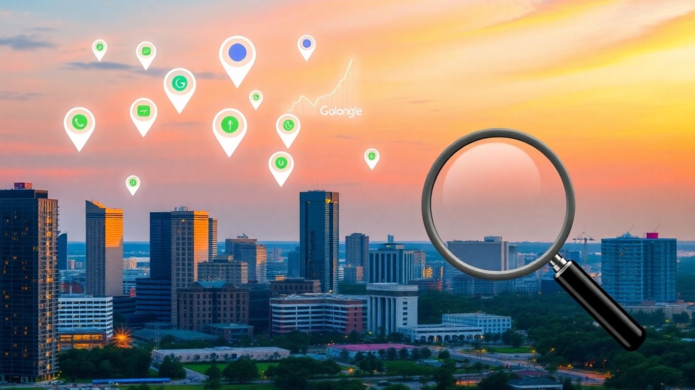 Orlando skyline with Google Business icons and magnifying glass.