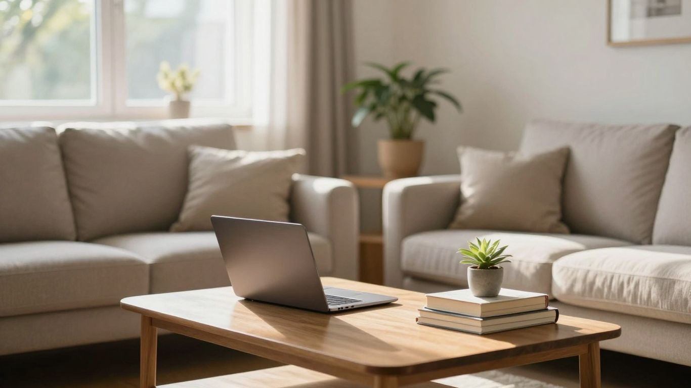Cozy apartment living room with sunlight and plants.