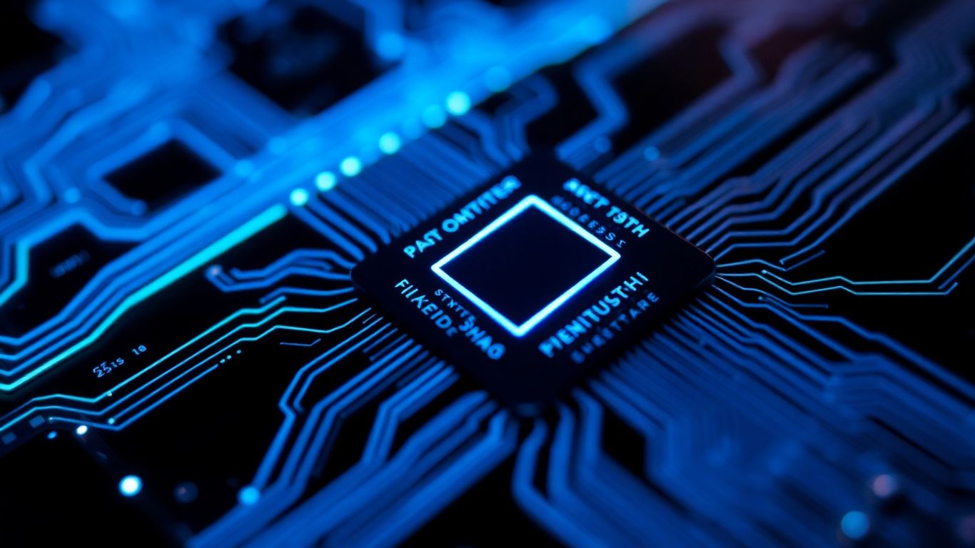 Computer processor with glowing blue circuits and light streams.