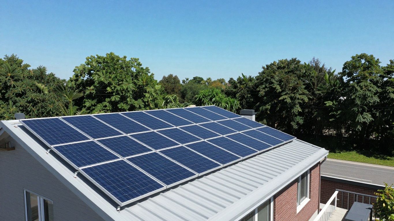 Maison avec panneaux solaires sous un ciel bleu.