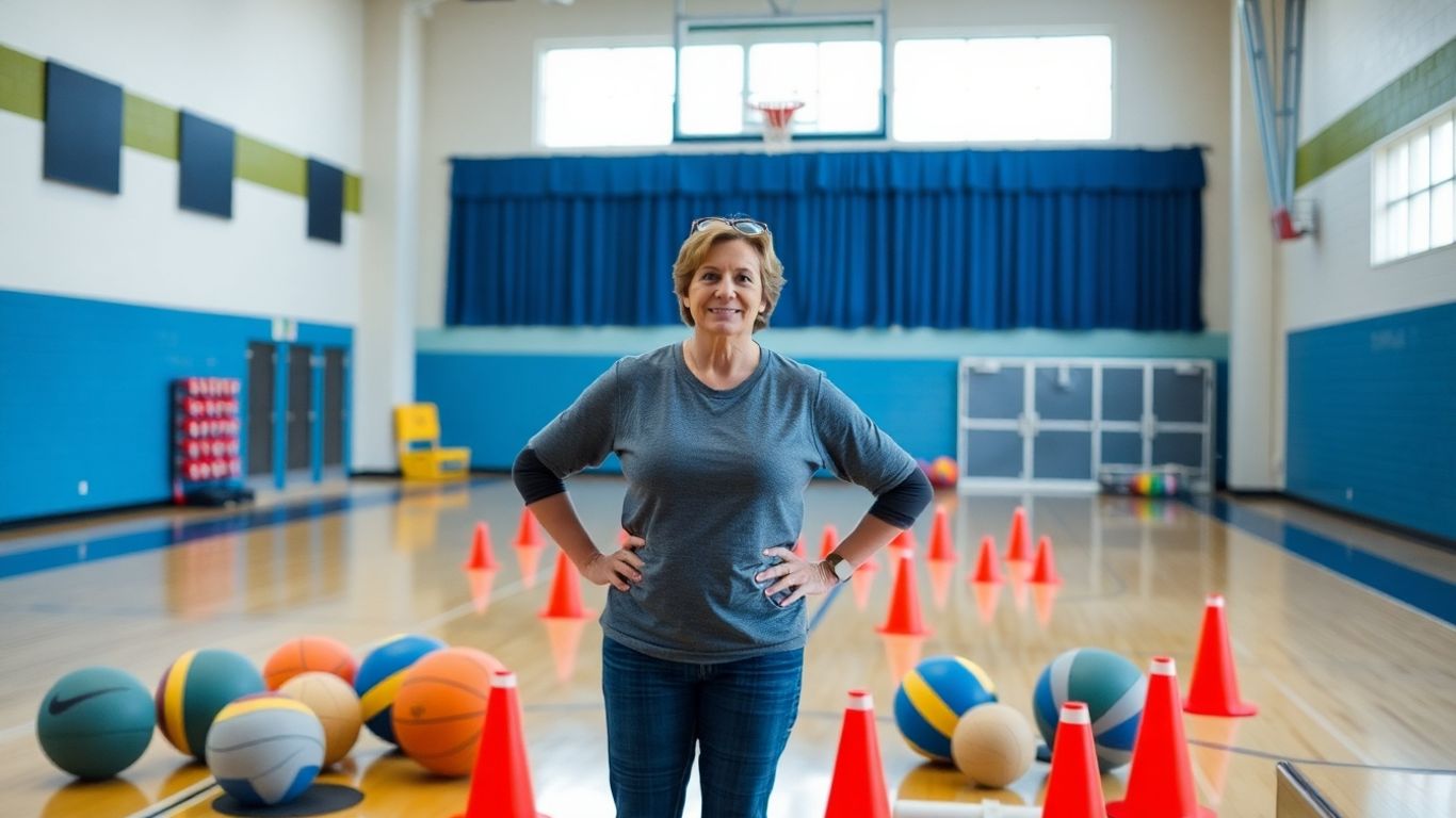 Lehrer plant Sportunterricht mit Sportgeräten im Turnsaal.