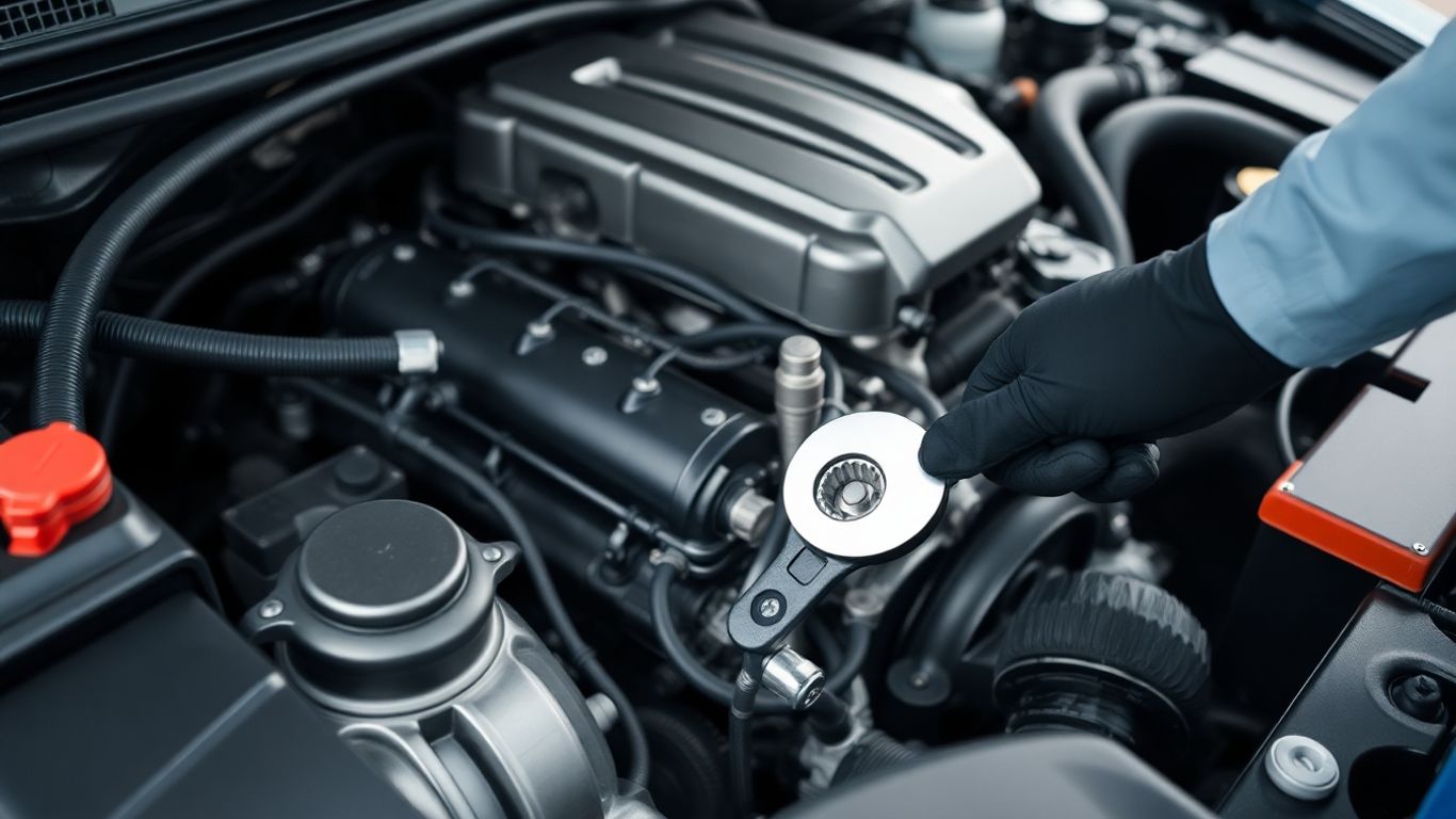 Chrysler engine bay with mechanic's hand holding a wrench.