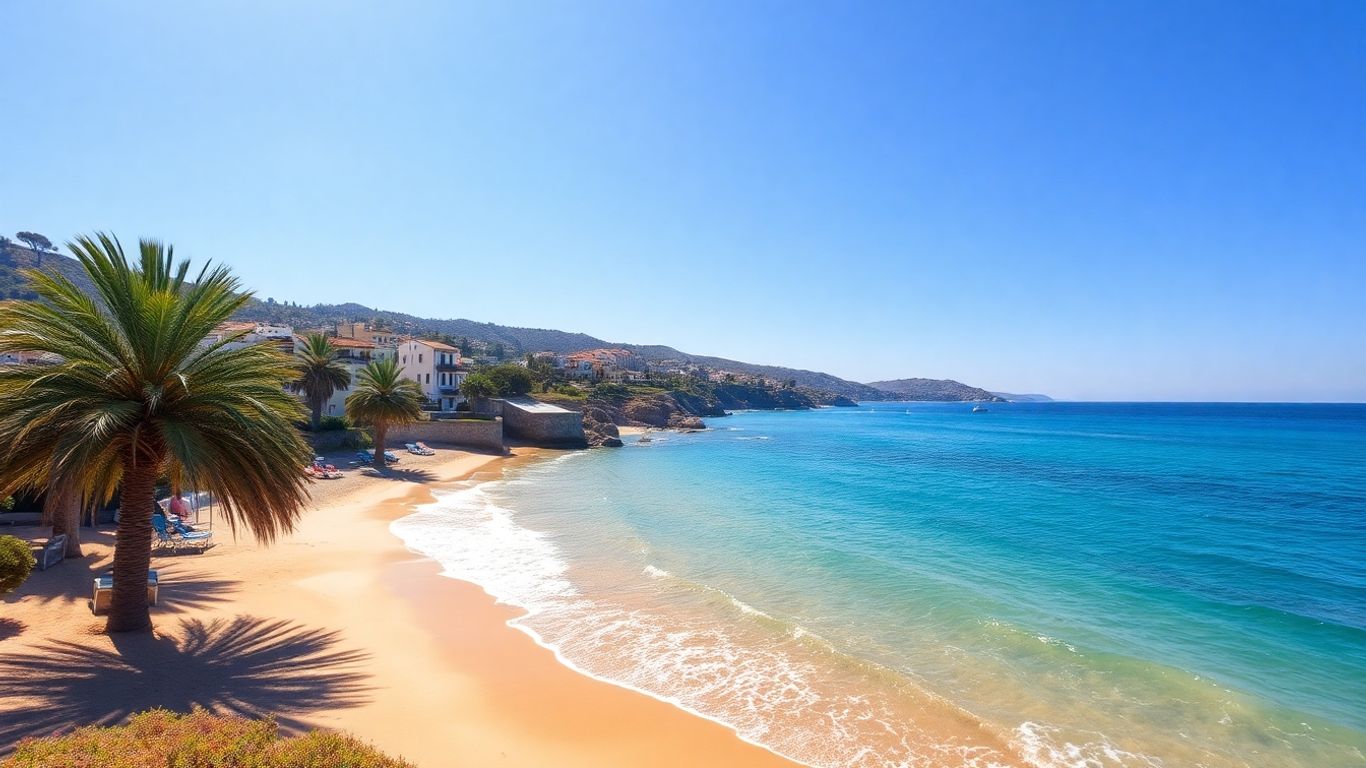 Sunny European coast with palm trees and clear blue water.