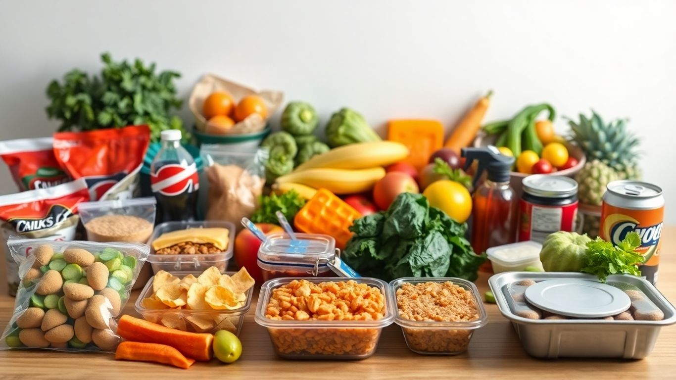 Aliments ultratransformés côtoyant fruits et légumes frais sur table.